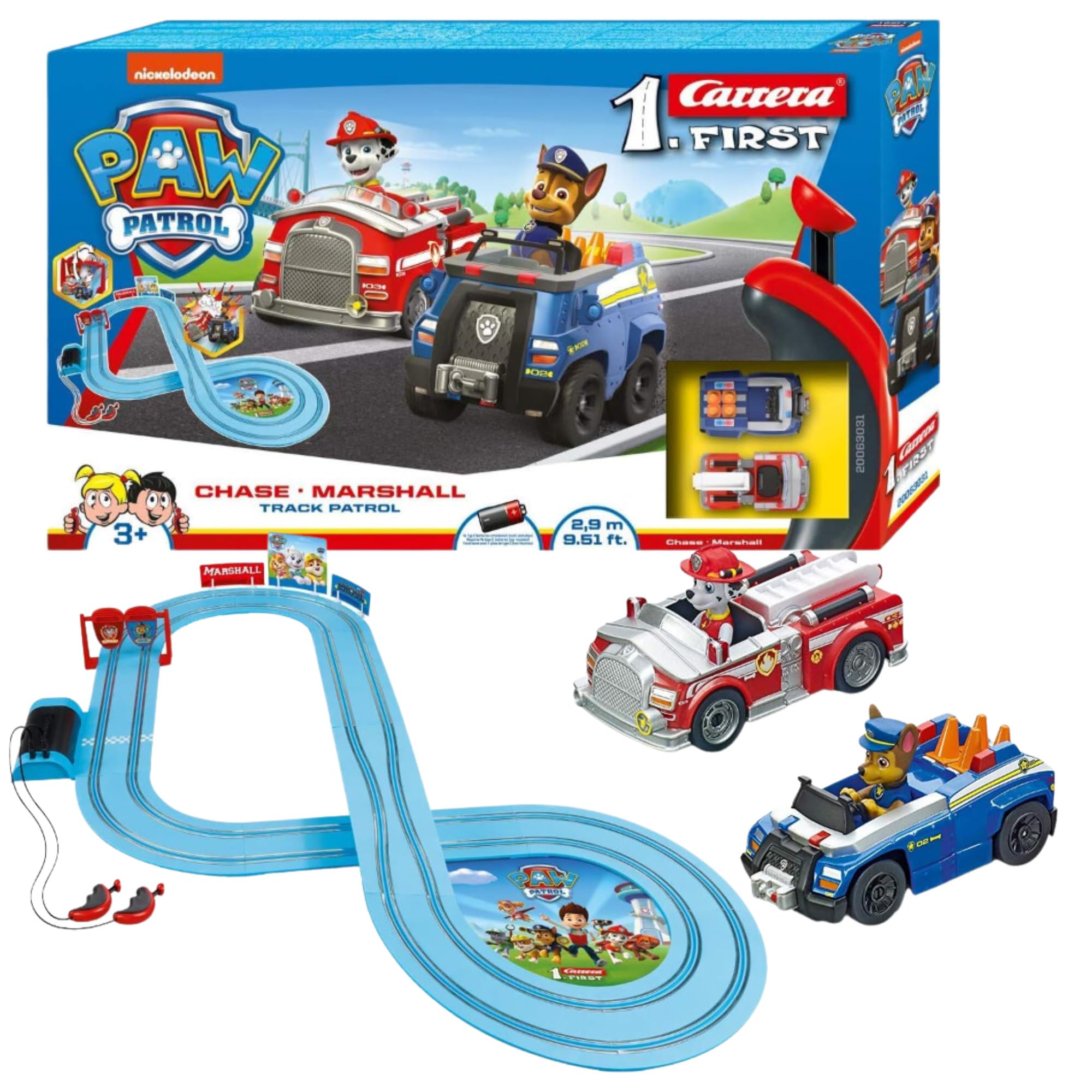 Carrera 20063031 First Paw Patrol Track Patrol 2.4 m Race Track Set | 2 Remote Controlled Vehicles with Chase and Marshall | with Hand Regulator & Track Parts | Toy for Children from 3 Years