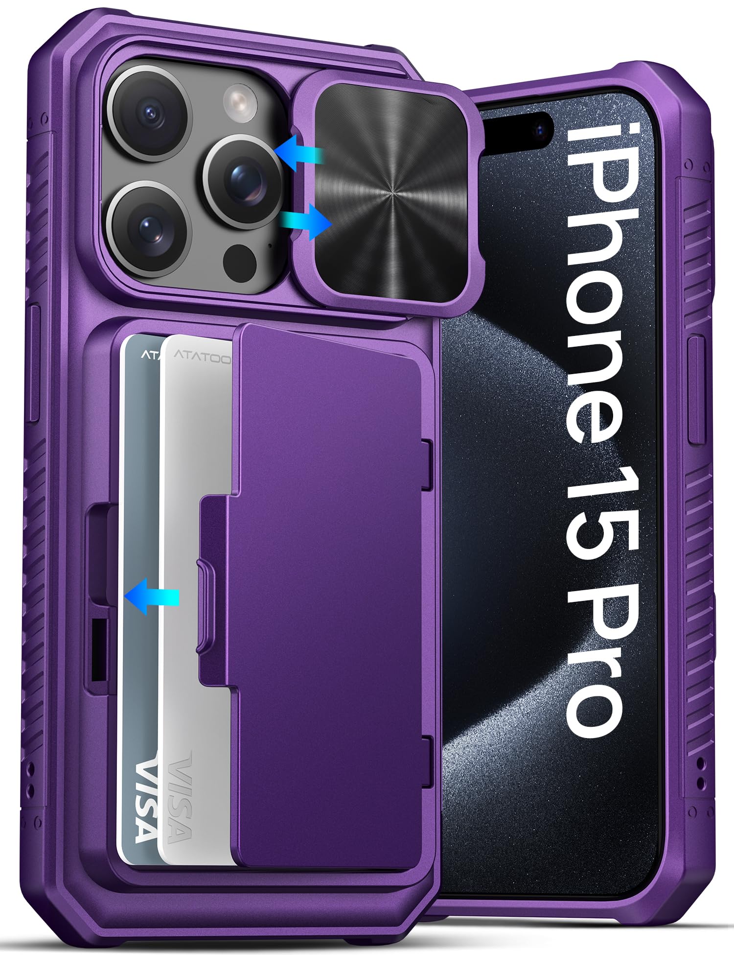 Photo 1 of ATATOO for iPhone 15 Pro Case Wallet with Card Holder (Store 3-5 Cards) & Slide Lens Cover, Military Grade Protection, Rugged Shockproof Wallet Phone Case for iPhone 15 Pro 6.1", Dark Purple