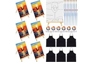 Motipuns 6 Set Pre Drawn Canvas for Painting for Adults Sip and Paint Kit with Easels 8 x 10 Inches Paint Party Kit with Printed Canvas Paints Brushes Palette Apron(Sunset with Wine Glass)