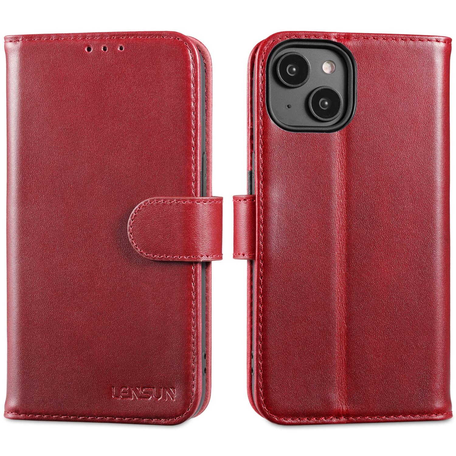 LENSUN Case for iPhone 14, Genuine Leather Wallet Phone Flip Cover [RFID Blocking] with Card Holder and Magnetic Closure Compatible with Apple iPhone 14 5G - Wine Red