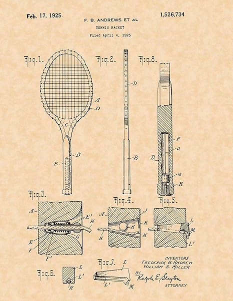 Amazon Com 1923 Tennis Racket By F B Andrews Vintage U S Patent 8 5 X 11 Art Print Posters Prints