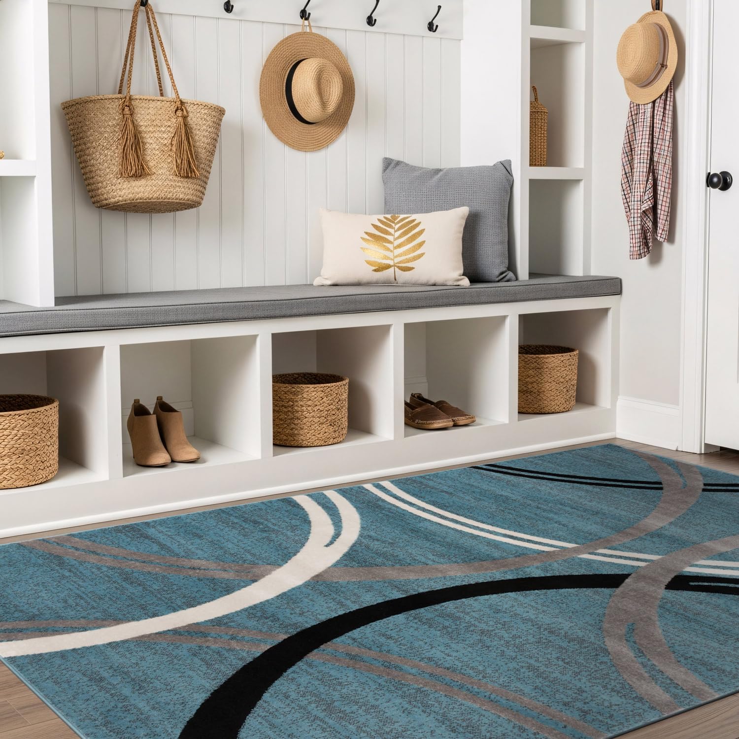 Rugshop Modern Wavy Circles Design Area Rug, Carpet with Jute Backing for Bedroom, Office, or Entryway, Blue, 4' x 6' Image