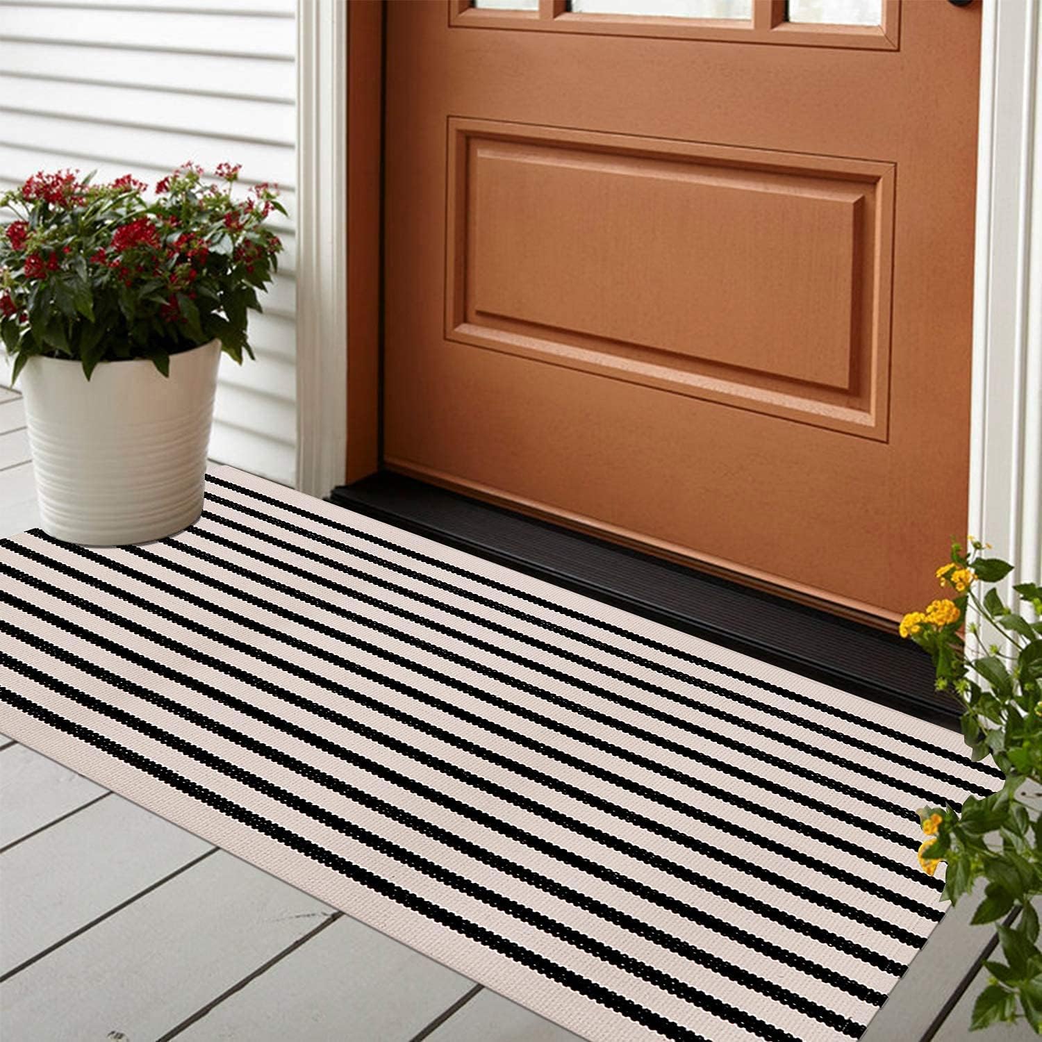 Rugs, Pads & Protectors - LEEVAN Black and White Striped Outdoor Rug Runner 24