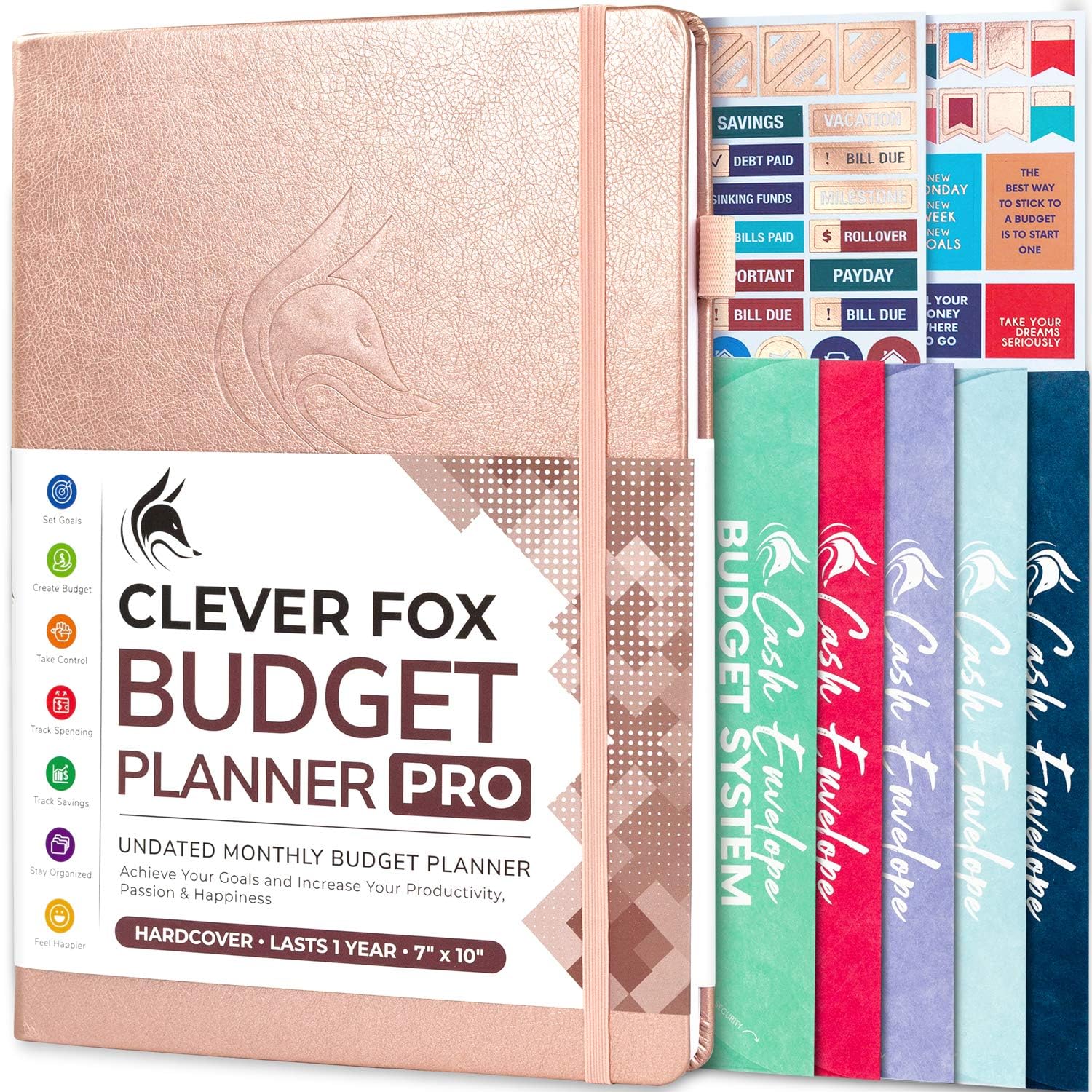 Clever Fox Budget Planner PRO - Financial Organizer + Cash Envelopes. Monthly Finance Journal, Expense Tracker & Personal Account Book, Undated, 18 x 25.5cm - Rose Gold