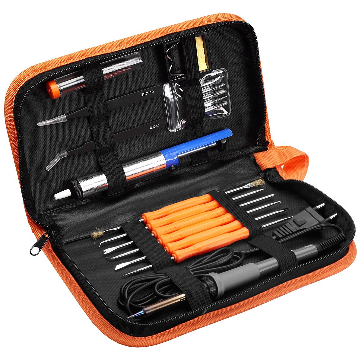 Powerextra 18PCS Fer à Souder Souder Kits Électrique 60W 220V Température Réglable Outil de Soudage 6pcs, Ventouse, Support de Fer à Souder, Fil de Soudure, Pincette Support et Boîte à Outils