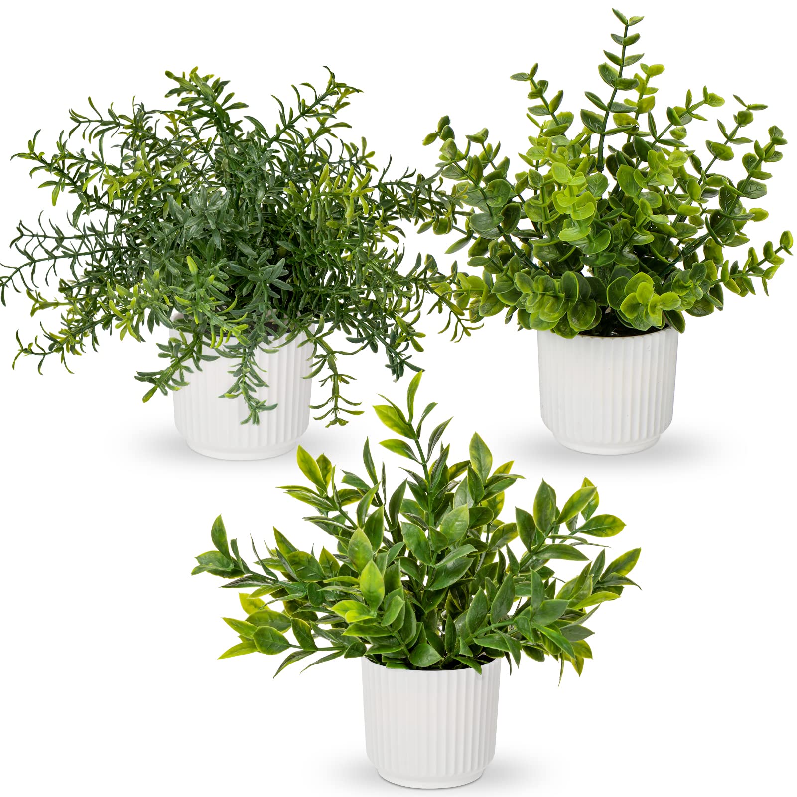 Oairse Small Artificial Plant Set of 3 Fake Plants Potted Mini Artificial Plants Indoor Faux Boston Fern Eucalyptus Rosemary Decorative House Plant for Home Bathroom Office Shelf Desk Decor