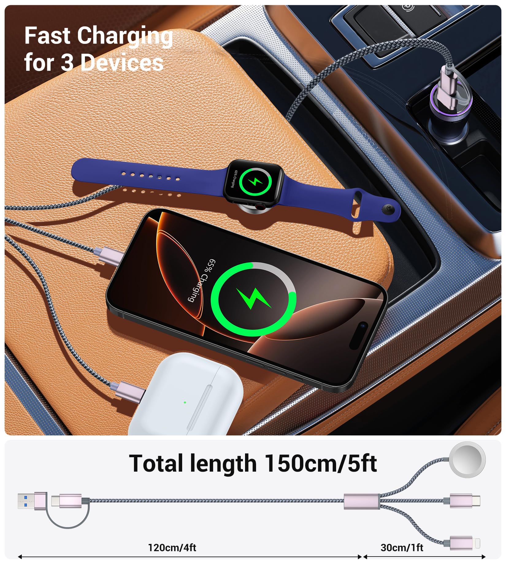 Temdan for Travel Vacation Essentials,3 in 2 USB C Cable for Apple Watch Charger/iPhone 17 Charger/Lightning,Multi Charging Cable Cord,Camping Essentials,Portable Designed for iWatch &iPhone 16-12-5FT