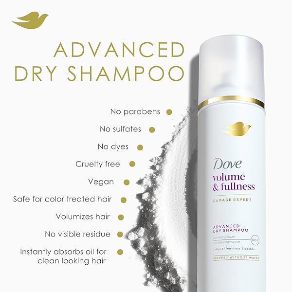 DOVE ADVANCED DRY SHAMPOO VOLUME & FULLNESS REFRESH & REVIVE FLAT HAIR WITHOUT WATER FOR 2 DAYS OF FRESHNESS & BOUNCE 5 OZ
