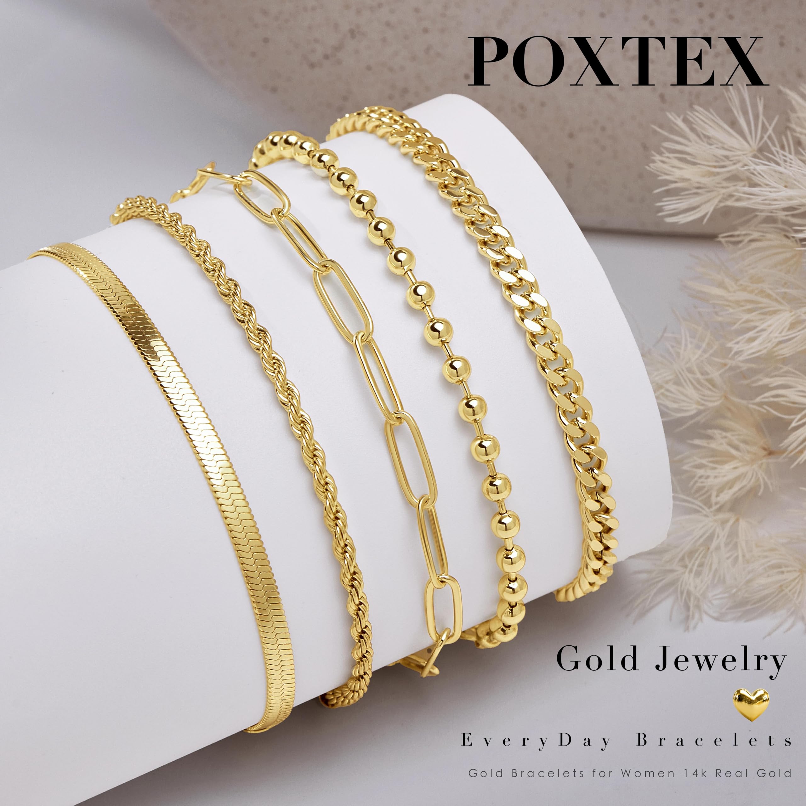 Poxtex Gold Bracelets for Women,Dainty Bracelets Set for Women Trendy, Gold Bracelets Stack With Beaded, Cuban, Paperclip, Heart, Snake, Rope, Pearl, Cross, Hand Chain, Silver Jewelry Gifts for Women