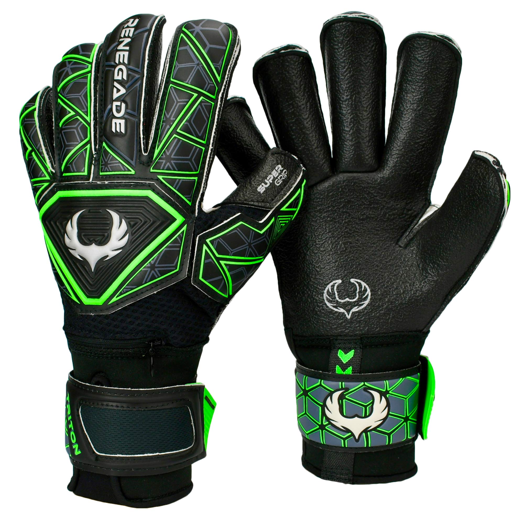 Renegade GK Triton Raider Goalie Gloves with Pro-Tek Finger Spines | 3.5+3mm Super Grip & 4mm Duratek | Black & Green Football Goalkeeper Gloves (Size 7, Youth, Roll Cut, Level 2)