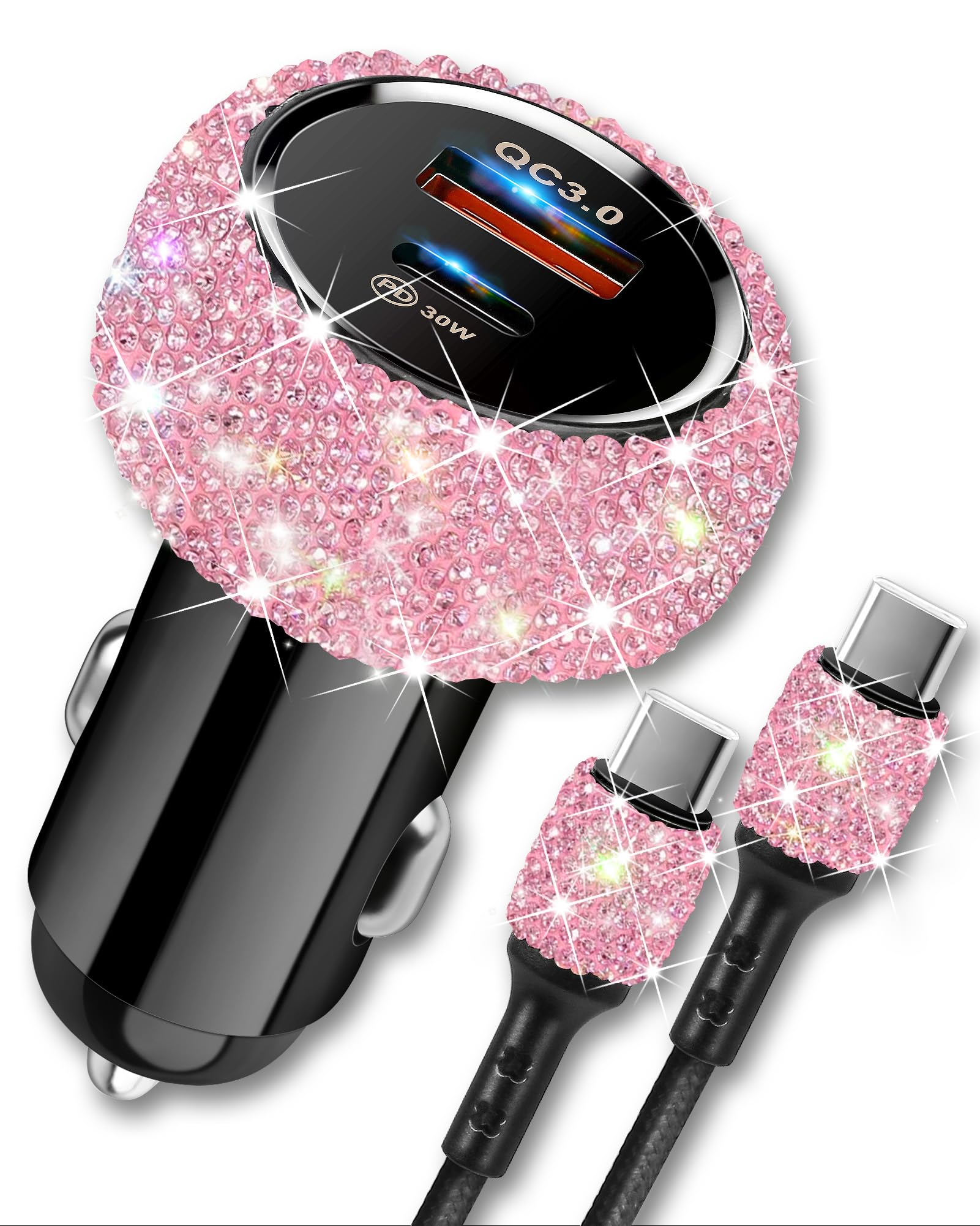 Bling USB C Car Charger, 48W PD QC Dual Port Fast Adapter with 3.2FT USB Type-C Charging Cable Compatible with iPhone 17 16 15 Pro Max iPad Samsung Galaxy Android(Pink)
