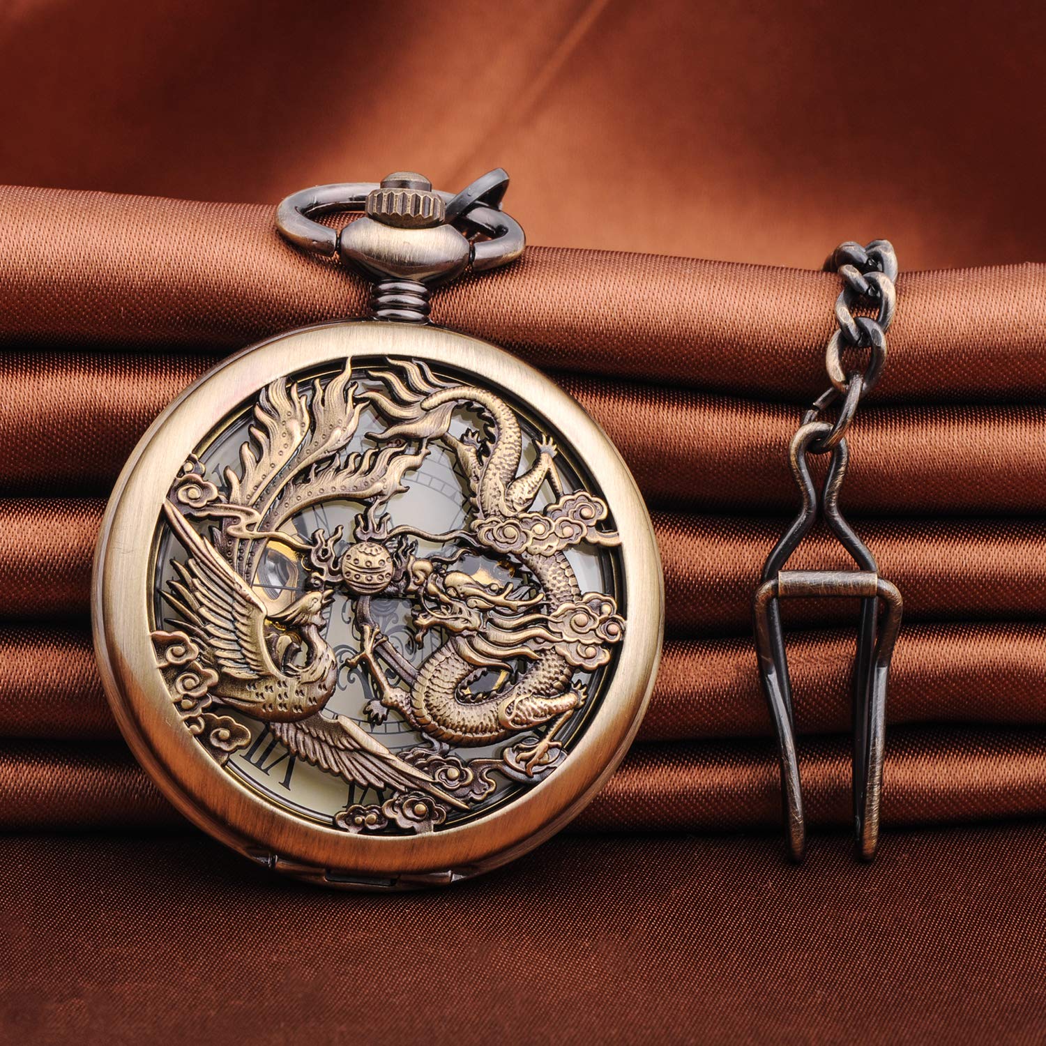 Infinite U Pocket Watch Dragon & Phoenix Vintage Mechanical Steampunk Skeleton Roman Numerals Fob Watch with Chain for Men Women