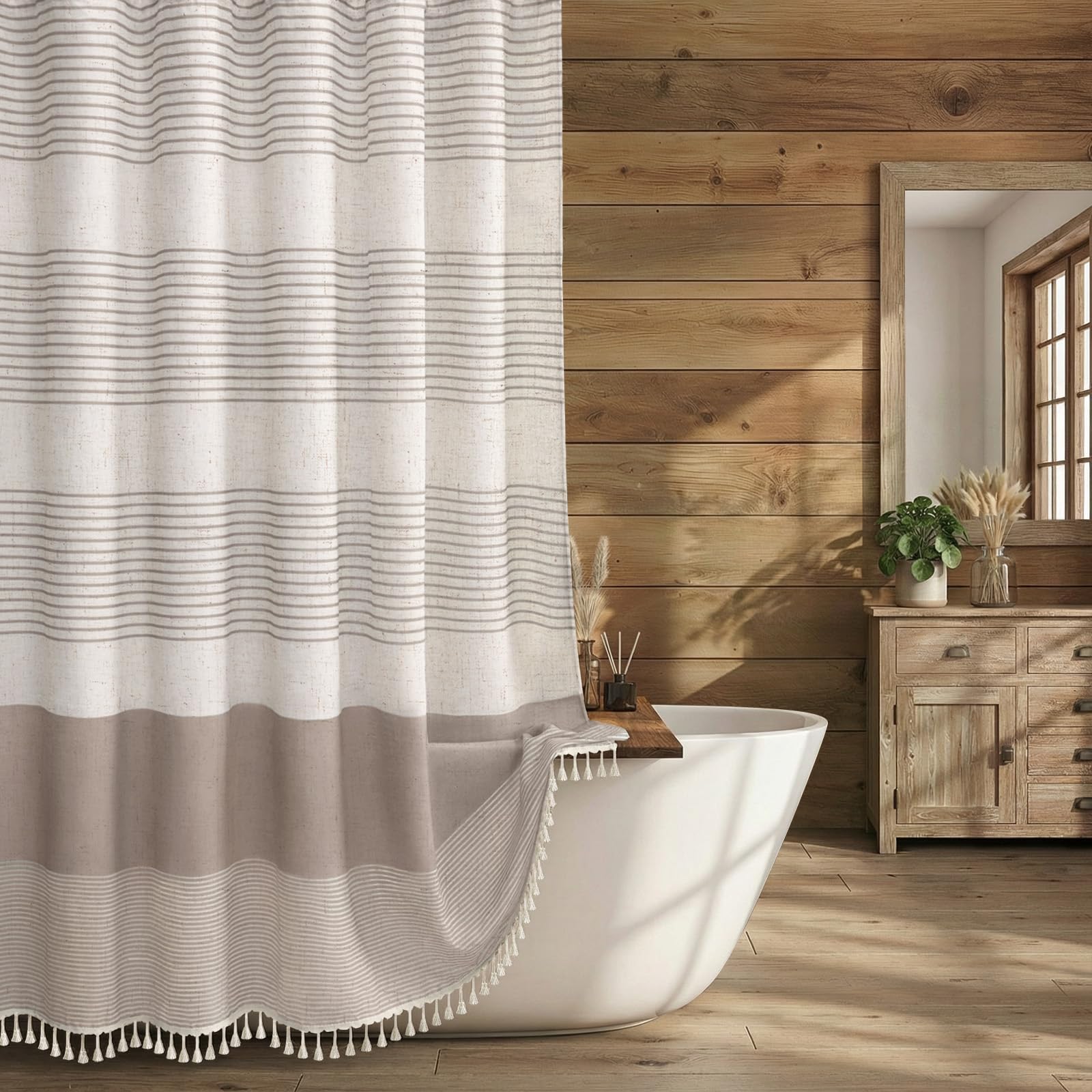 XOGUIBO Taupe Shower Curtain Farmhouse Linen Striped Shower Curtains for Bathroom with Tassel 72 X 72