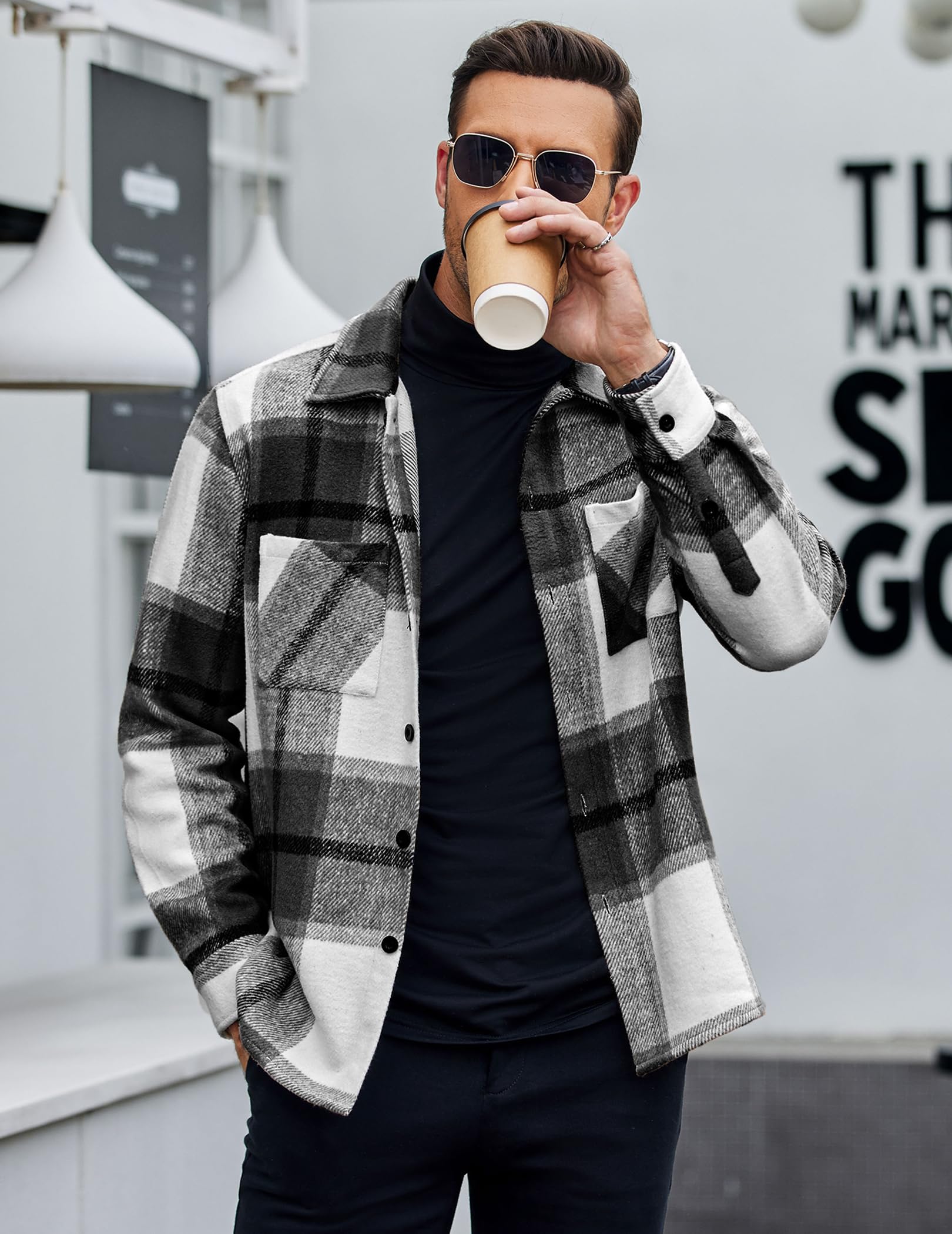 COOFANDY Men's Flannel Shirts Casual Button Down Plaid Shirt Jacket Long Sleeve Fleece Shacket with Pockets
