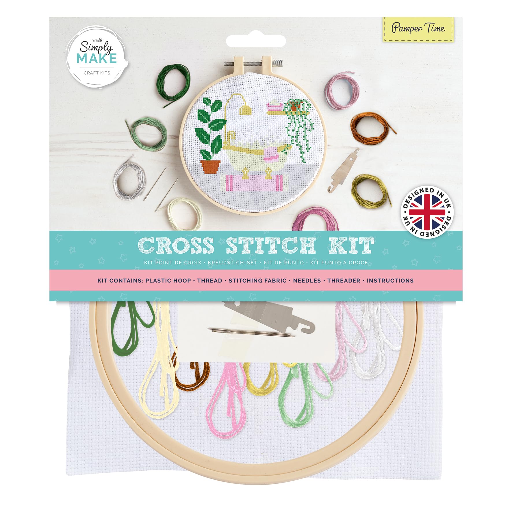Simply Make Cross Stitch Kit, Pamper Time, Multicoloured, Single Craft Kit, Cross Stitch Kits for Adults, Sewing Kit and Embroidery Kit for Home Crafts, Embroidery Threads Included