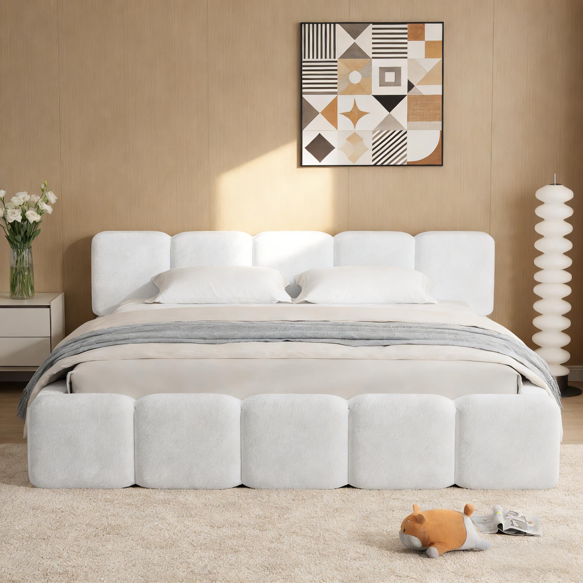 View 1 of ***BOX 2-2****KMBOHE King Size Cloud Boucle Platform Bed with Plush Teddy Thick Headboard and Footboard, Upholstered Grounded Bed Frame with Anti-Collision Soft Rounded Corners, No Box Spring Required, Off-White