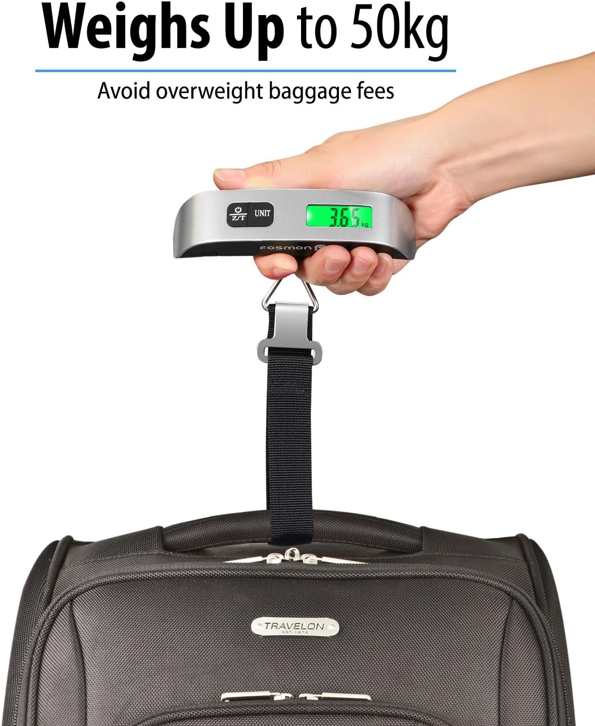  | Fosmon Digital Luggage Scale (2 Pack), LCD Display Backlight Temperature Baggage Scale w/ 110lbs Capacity, Portable Stainless Steel Hanging Luggage Weight Scale w/ Tare Function for Travelers - Silver | Luggage Scales