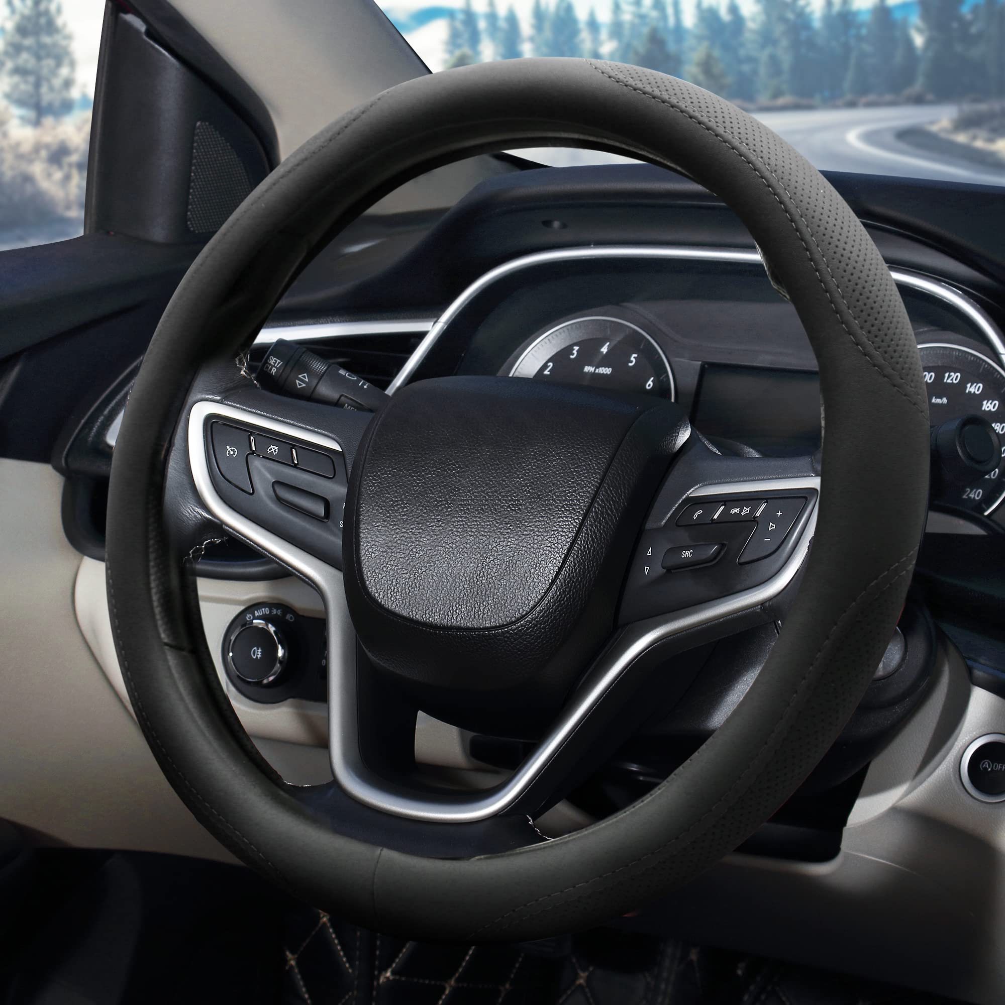 Pahajim Steering Wheel Covers Soft Microfiber Leather Car Wheel Cover 15 Inch, Comfort Durability Safety Wheel Sleeve Protector Interior Accessories for Women&Men (black Line)