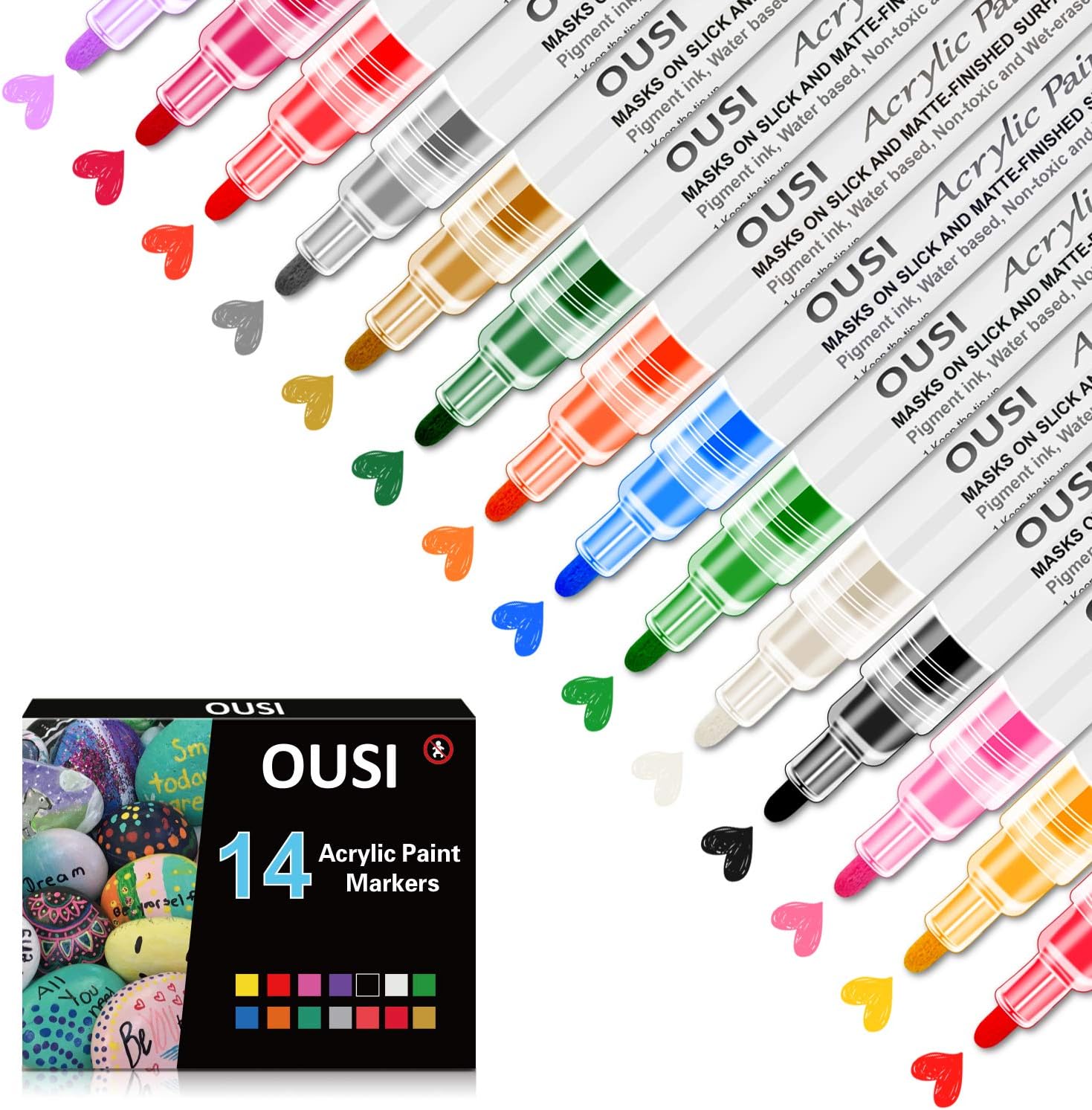 Acrylic Paint Marker Pens, OUSI 14 Paint Markers for Kids Adults Paint Pens for Rocks Painting Canvas Photo Album DIY Craft School Project Glass Ceramic Wood Metal Water Based Extra Fine Tip