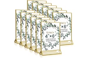 HRSDEIE Acrylic Gold Sign Holders 4x6, 12 Pack Wedding Gold Table Number Holders, Double Sided Photo Display Picture Frame Paper Stand, Clear Flyer Stand Menu Holder for Wedding, Home, Party, Restaurant