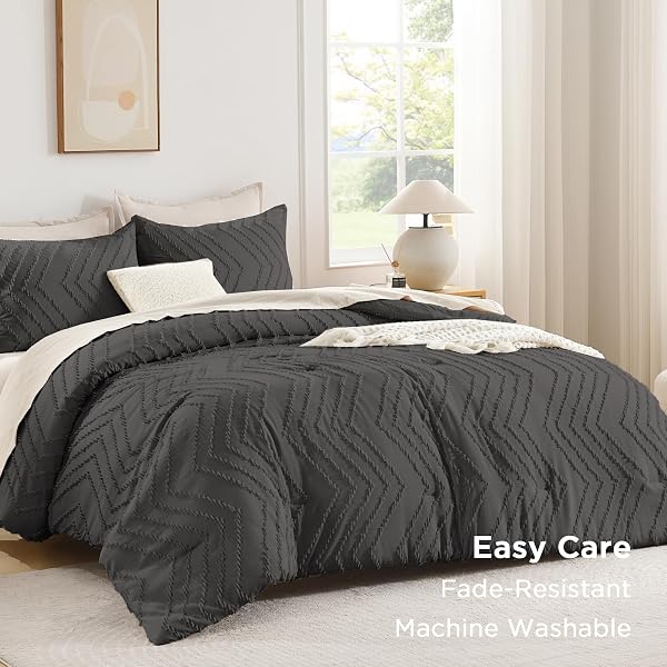 ANDENCY DARK GREY OVERSIZED SUPER KING COMFORTER SET 120X120, EXTRA LARGE KING SIZE COMFORTER OVERSIZE BOHO SOFT WARM BEDDING COMFORTER SETS, 3 PIECES AESTHETIC CHEVRON TEXTURED BEDDING SET