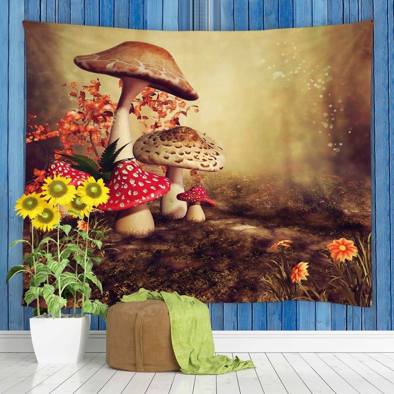 Atokker Mushroom Tapestry Fantasy Forest Flower Branch Plant Fairy Tale World Meadow