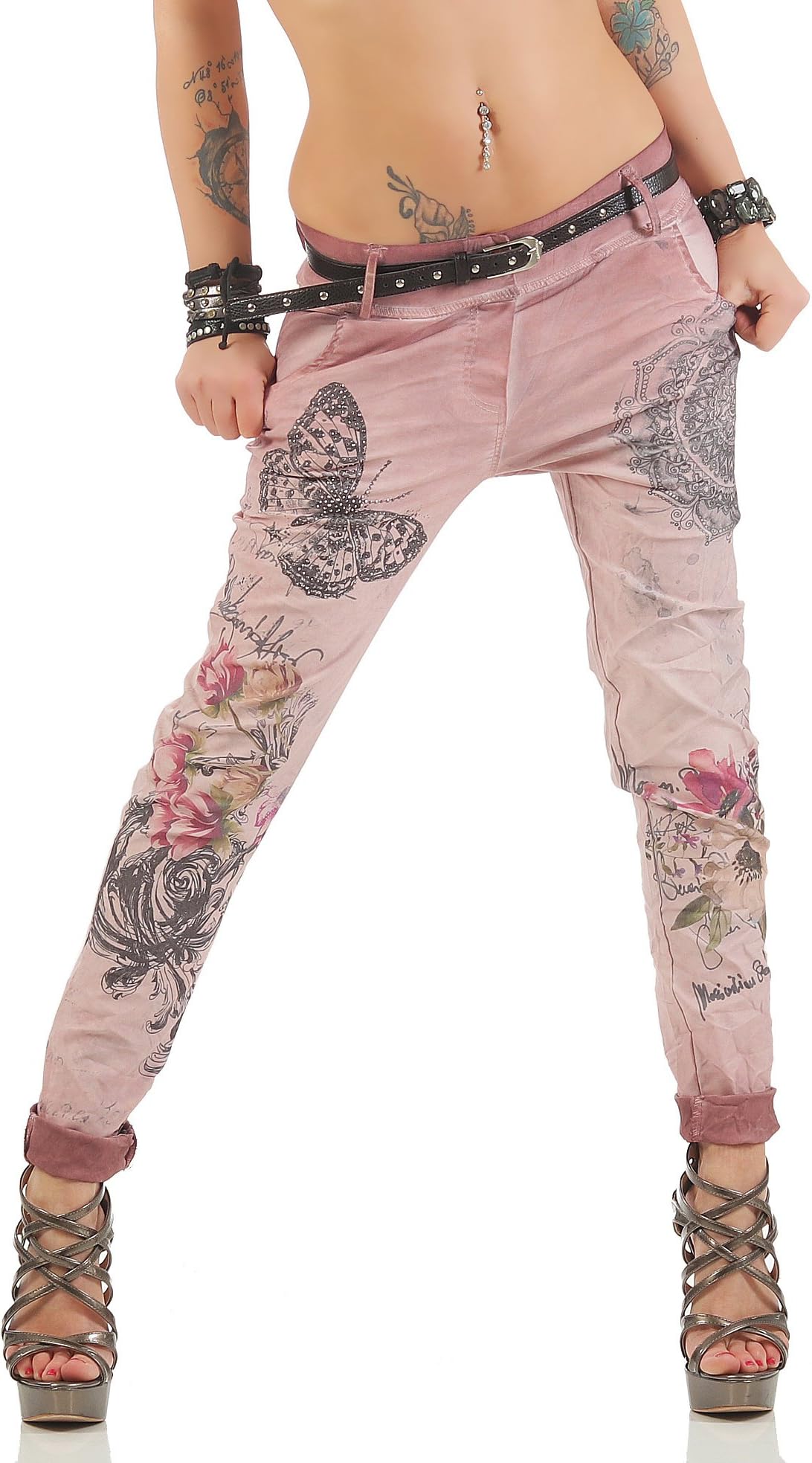 ZARMEXX Fashion Zarmexx Ladies Boyfriend Baggy Pants with Belt Jeans Pants Fabric Pants Jeggings Legging Chinohose Butterfly Glitter Print
