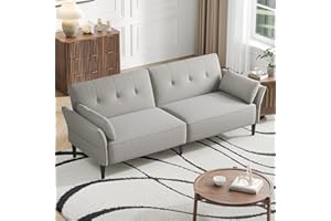 COPIAE 89” Futon Sofa Bed, Linen Comfy Futon Couch Bed with 2 Square Pillows, Convertible Sleeper Sofa with Adjustable Backrest& Armrests, Modern Loveseat Sleeper for Living Room, Bedroom, Light Gray