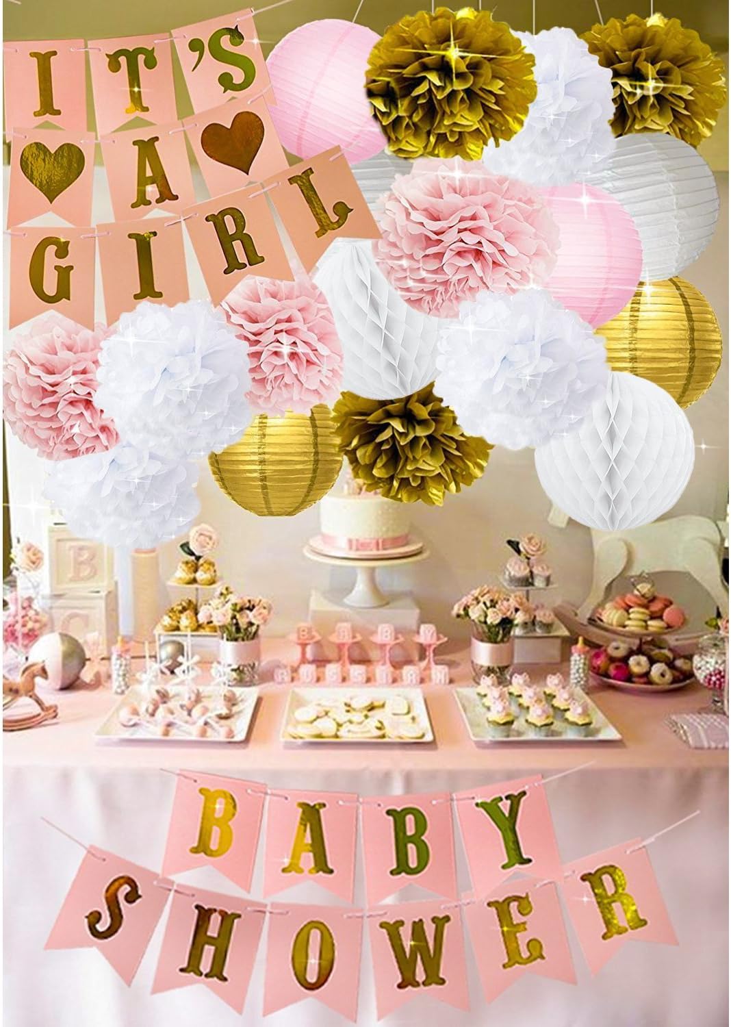 Baby Shower Decorations for Girl - IT´S A Girl & Baby Shower Banner, Garland Tassel Banners Tissue Paper Flower Pom Poms Paper Honeycomb Balls Paper Lanterns - Pink and Gold Baby Shower Decorations