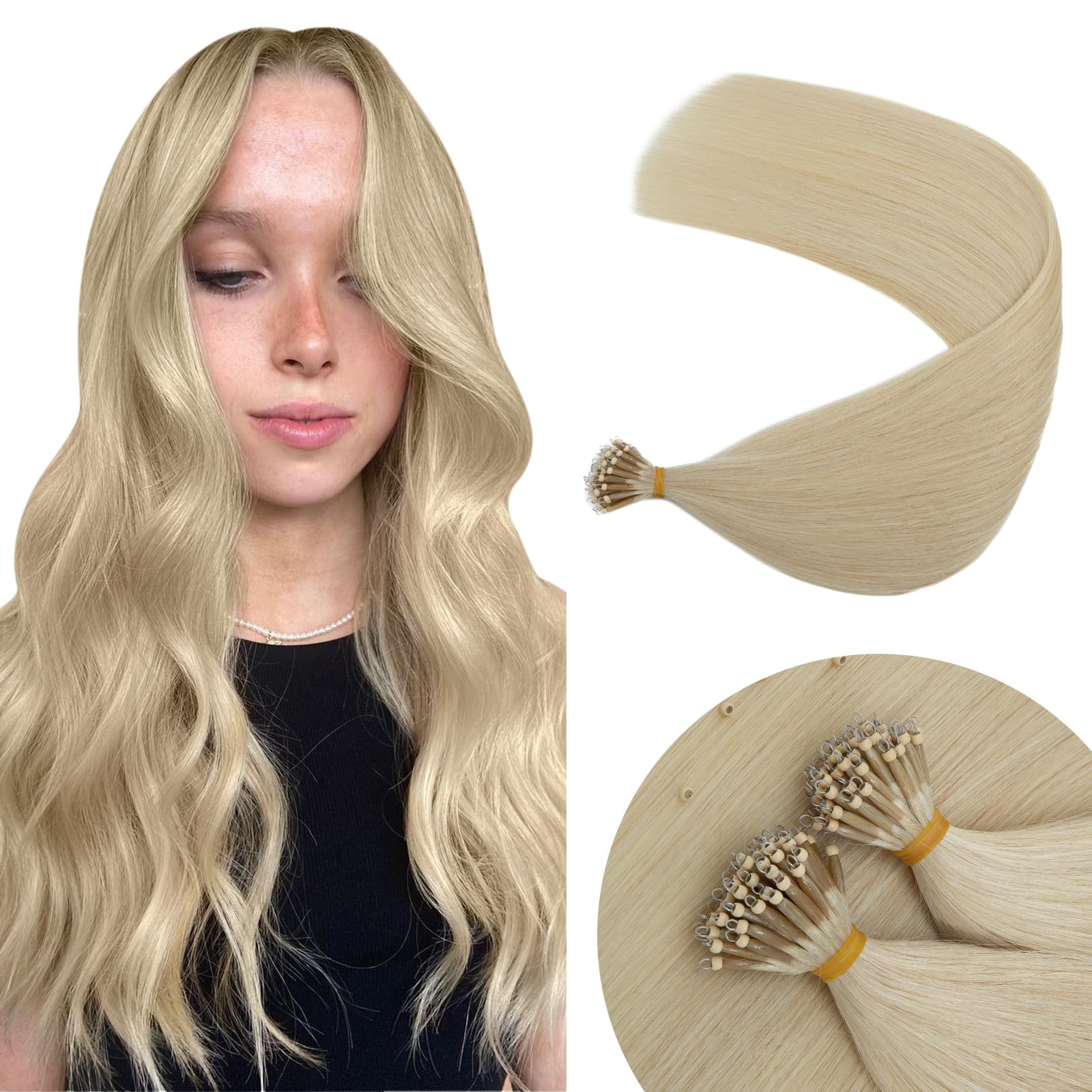 Elailite Nano Ring Extension Real Human Hair Cold Fusion With Nano Beads Remy Hair 50 Strands 50g Straight (#70 Bleach White, 16 Inch)