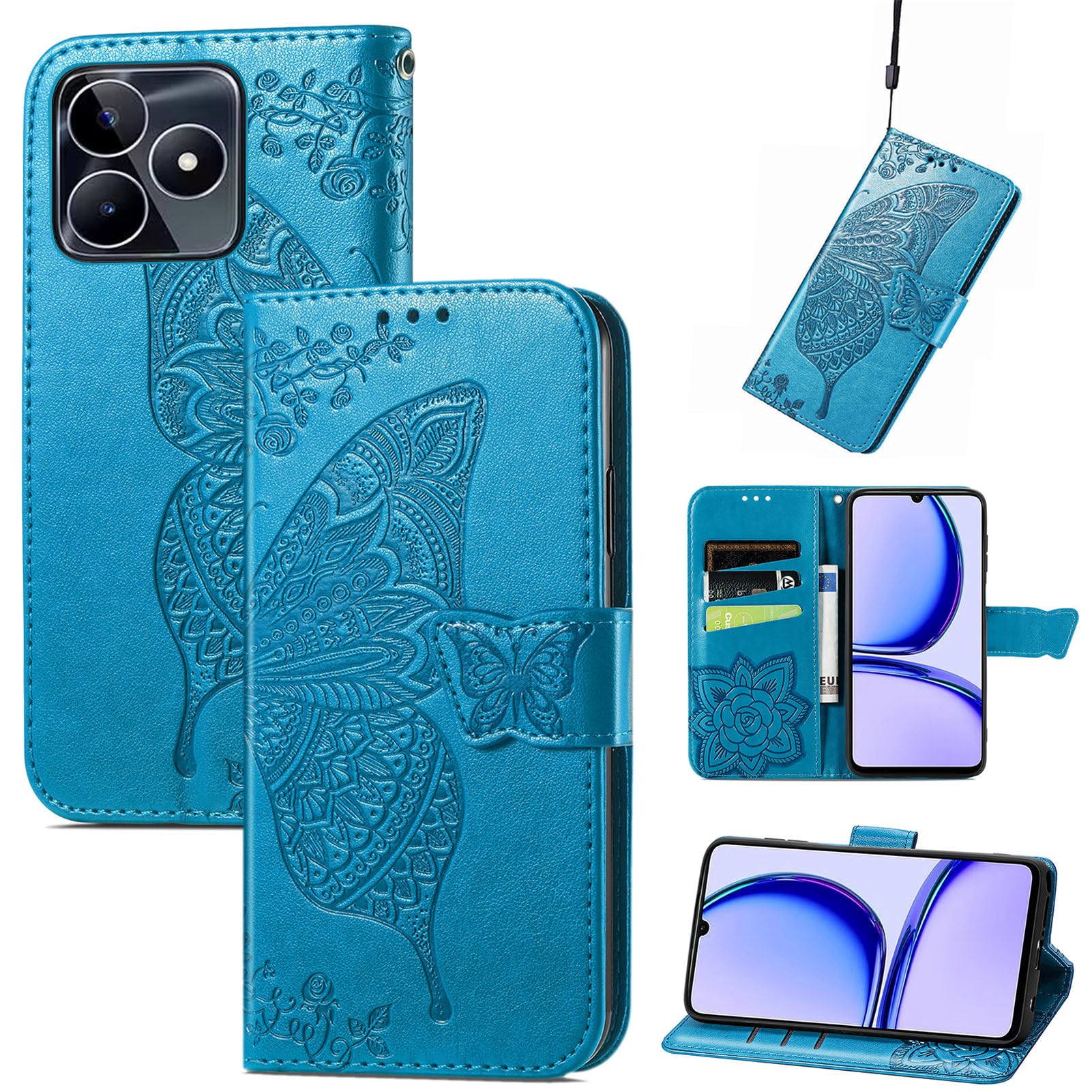 JIUNINE Case for Realme C53 / Realme C51 / Realme Note 50, Leather Wallet Case Flip Cover with Butterfly Embossed Pattern [Card Holder] [Magnetic Closure] [TPU Inner Shell] for Realme C53, Blue
