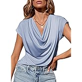 EVALESS Shirts for Women Summer Tops Business Casual Outfits for Women Fashion 2026 Elegant Cowl Neck Short Sleeve T Shirts Blouses for Women Dressy Casual Sexy Off Shoulder Work Clothes, Blue Medium