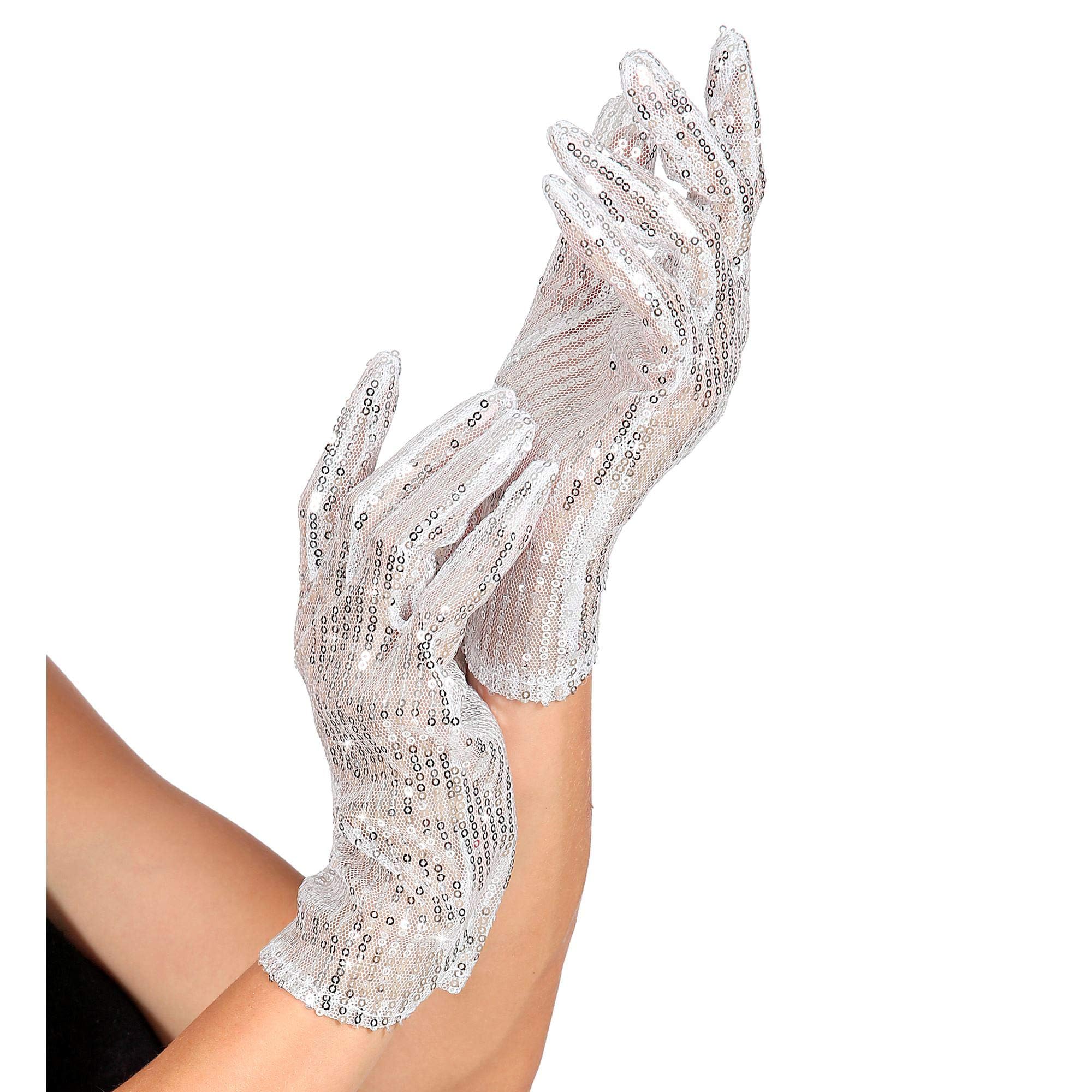 Sequin - Silver Lycra Satin & Sequin Gloves for Fancy Dress Costumes Accessory