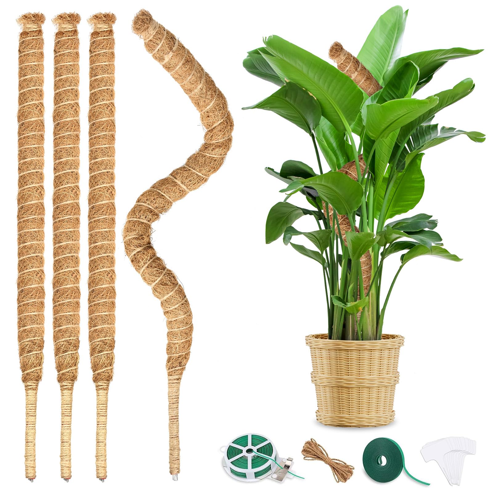 70cm Moss Pole,4 Pcs Bendable Moss Poles for Monstera Cheese Plant Support,Coir Moss Stick for Indoor Climbing Plant with Plant Ties, Garden Tape, Jute Twine