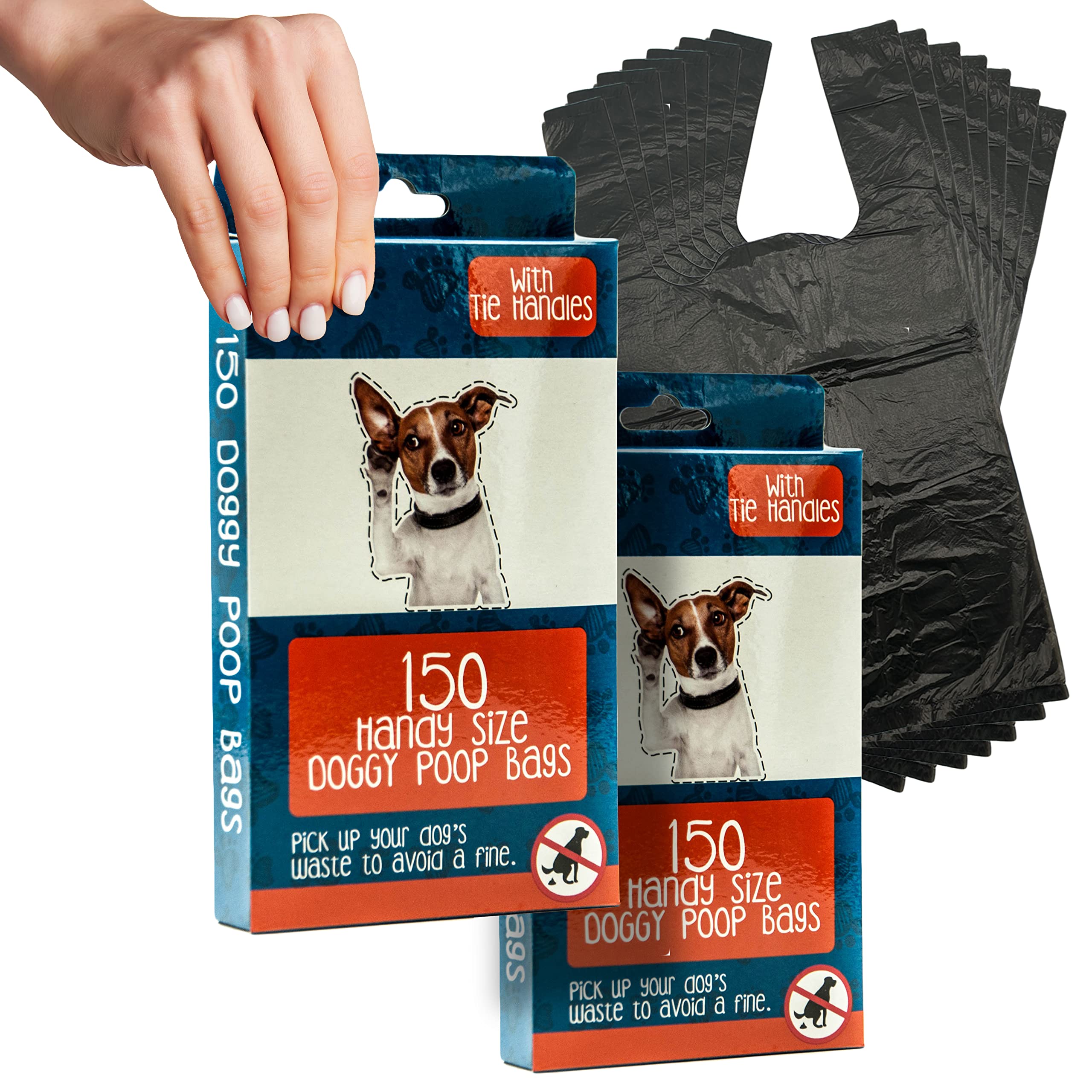 300x Dog Poop Bags with Tie Handles – HYGIENIC Pet Waste Bin Disposal – Easy and Wide Walking Bag for Dogs Poo – Portable, Travel, Outdoor Use (Black, 150 count (Pack of 2))