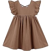 GSVIBK Girls Linen Cotton Dress Flutter Sleeve Back Cross Dress Toddler A-Line Skater Dress Baby Girl Halter Casual Sundress