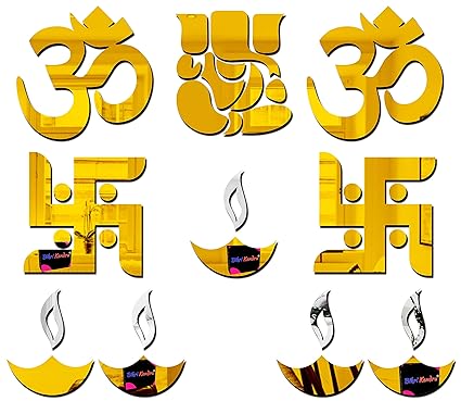 Bikri Kendra - Ganesha with om swastik Diya Golden - 3D Mirror Acrylic Wall Stickers