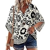 Bebonnie Womens 3/4 Sleeve V Neck Bohemian Peasant Blouses Casual Loose Fit Tunic Tops