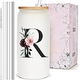 Customized Personalized Gifts for Women, Cute Glass Cups with Lids and Straws, Monogram Initial Drinking Iced Coffee Cup Custom Letter Tumbler Mug, Sister Daughter Mother in Law Step New Mom Gifts, R