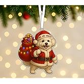 Bichon Frise Dog Christmas Acrylic Ornament - Cute Santa Bichon Frise with Gift Bag and Lights - Funny Ho Ho Hooo Holiday Tree Decoration - Christmas Dog Lovers Gift Ornament