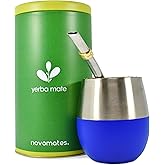Novomates [NEW] Mate Cup and Bombilla Set - Mate Gourd - Includes Double Wall Stainless Steel Yerba Mate Tea Cup with Stanley Steel Mate Straw and Yerba Container – Mate Tea Cup 8oz (237ml) (Blue)