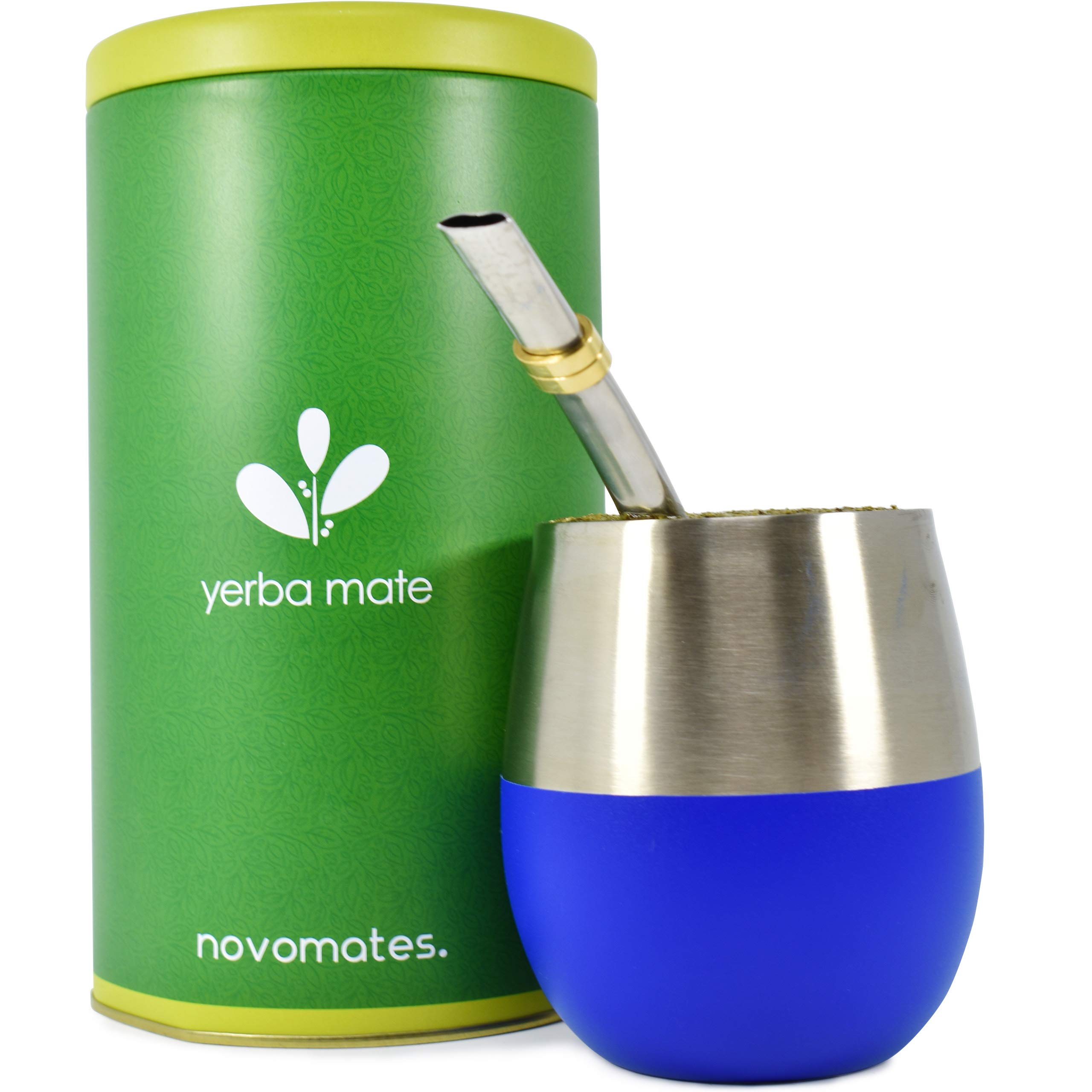 Novomates [New] Yerba Mate Cup - Best Yerba Mate Set - Double Wall Stainless Steel Yerba Mate Tea Cup with Stainless Steel Yerba Mate Straw + Yerba Container - Novomates Mate Cup 8oz (Blue, 237ml)