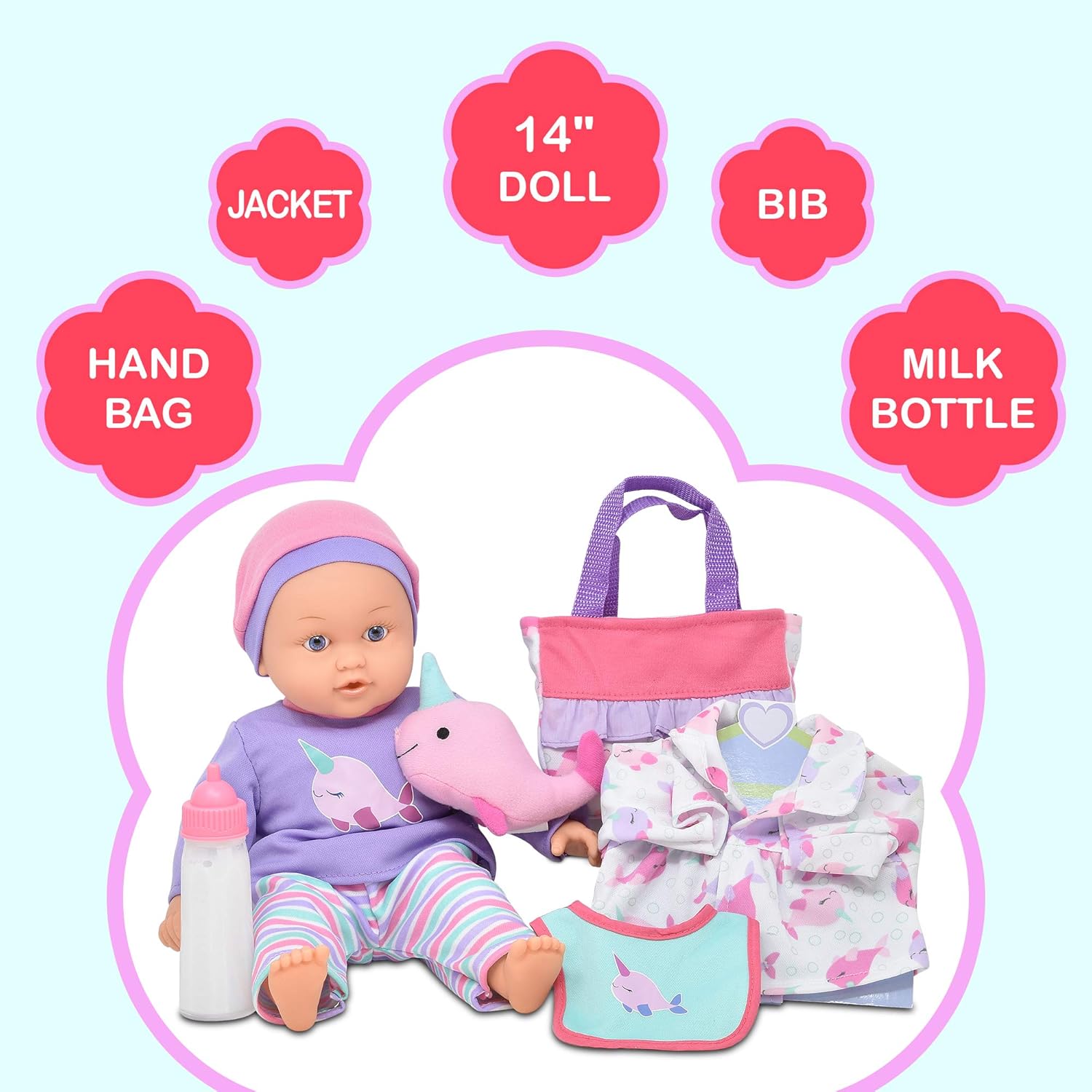 Baby Doll with Toy Accessories Set Magic Disappearing Milk Bottle 14 Inch Soft Body Baby Doll with Clothes Diaper Bag and Bib: Toys & Games