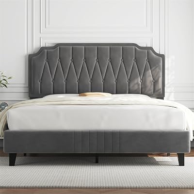 Yaheetech 4ft6 Double Upholstered Bed Frame with Adjustable Headboard Dark Grey