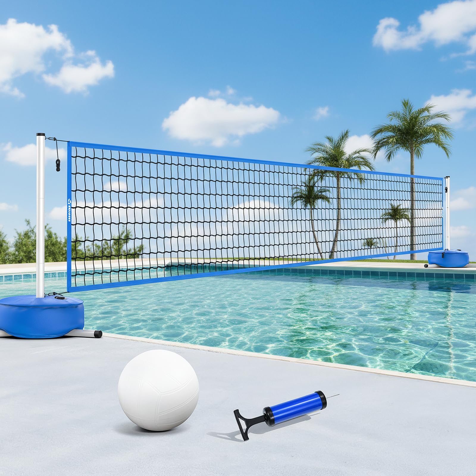 Photo 1 of Patiassy Pool Volleyball Net for Inground Pools, Adjustable 15-32ft Length Volleyball Set for Poolside with Weighted Base and Ball, Professional Heavy Duty System for Swimming Pool Games