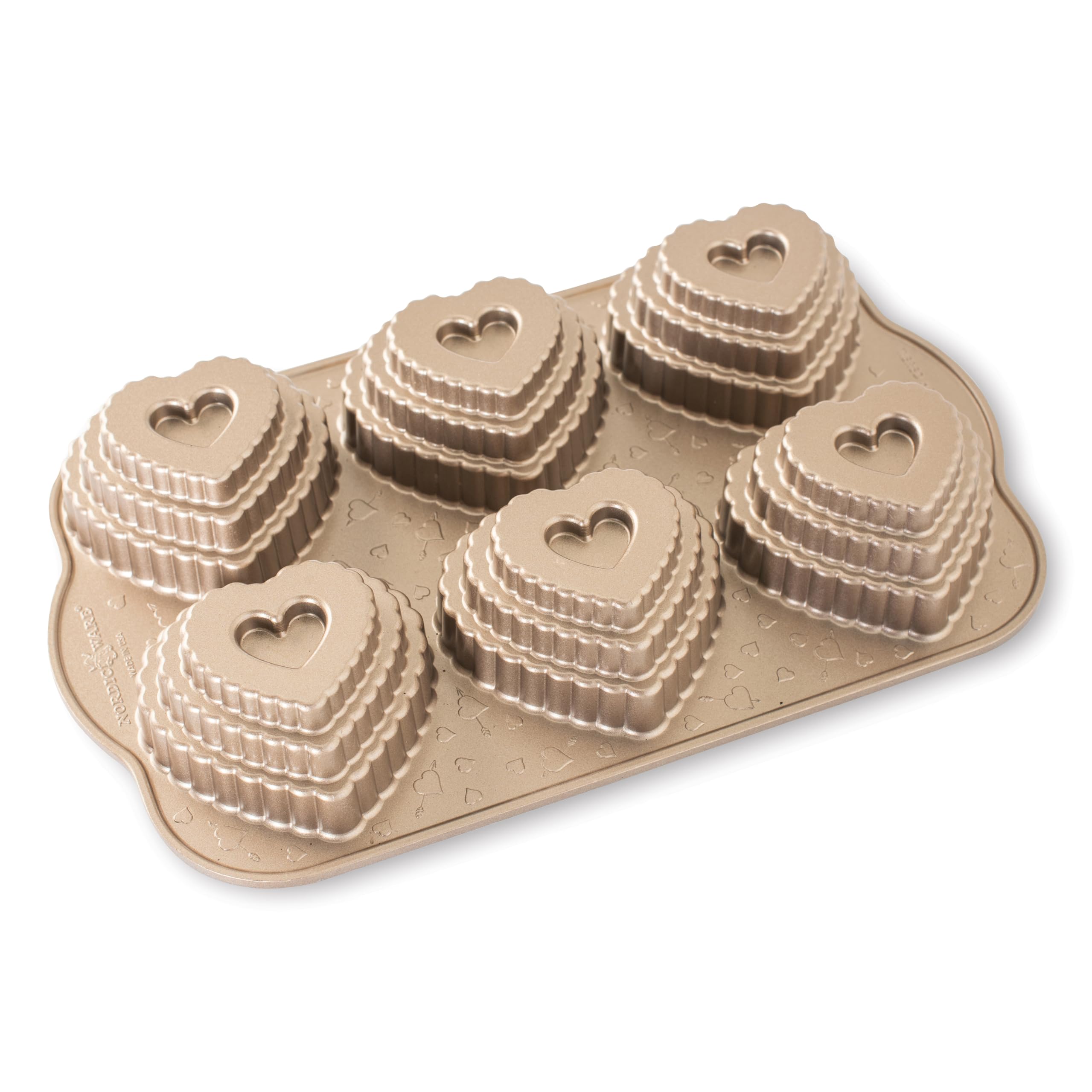Nordic Ware Tiered Heart Cakelet Pan, Cast Aluminium Mini Bundt Tin, Bundt Cake Tin for 6 Cakes, Premium Heart Cake Mould Made in The USA, Colour: Toffee