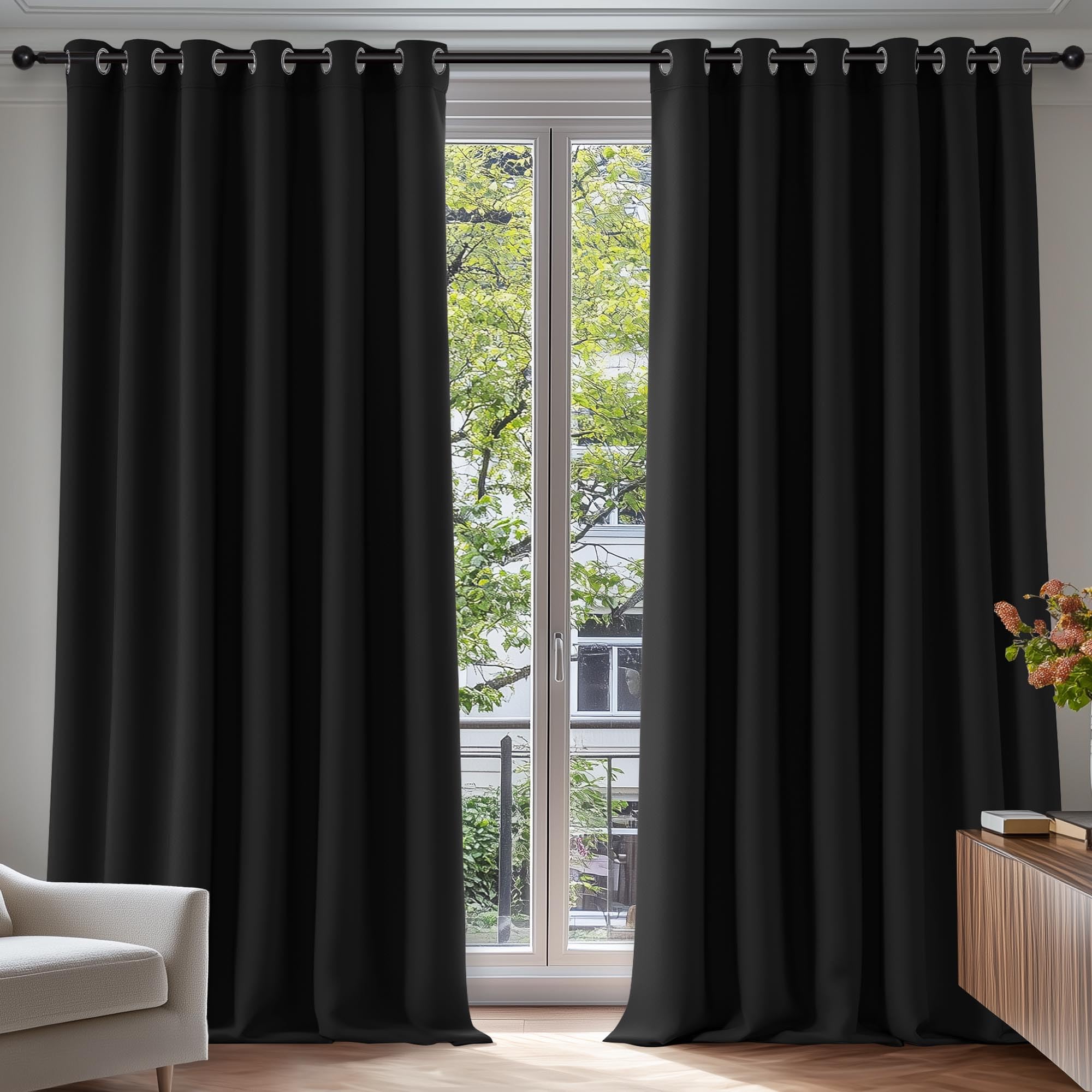 Deconovo Curtains Long Drop 108 Inch Super Soft Thermal Insulated Eyelet Blackout Curtains Living Room 90 x 108 Inch Black 2 Panels