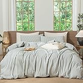 MooMee Striped Duvet Cover Set 100% Washed Cotton Linen Like Textured Breathable Durable Soft Comfy (Heathered Green Classic Stripes, Queen 90"x90")
