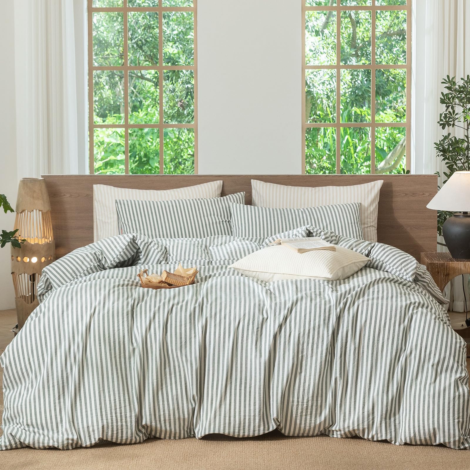 Photo 1 of MooMee Striped Duvet Cover Set 100% Washed Cotton Linen Like Textured Breathable Durable Soft Comfy (Heathered Green Classic Stripes, Queen 90"x90")