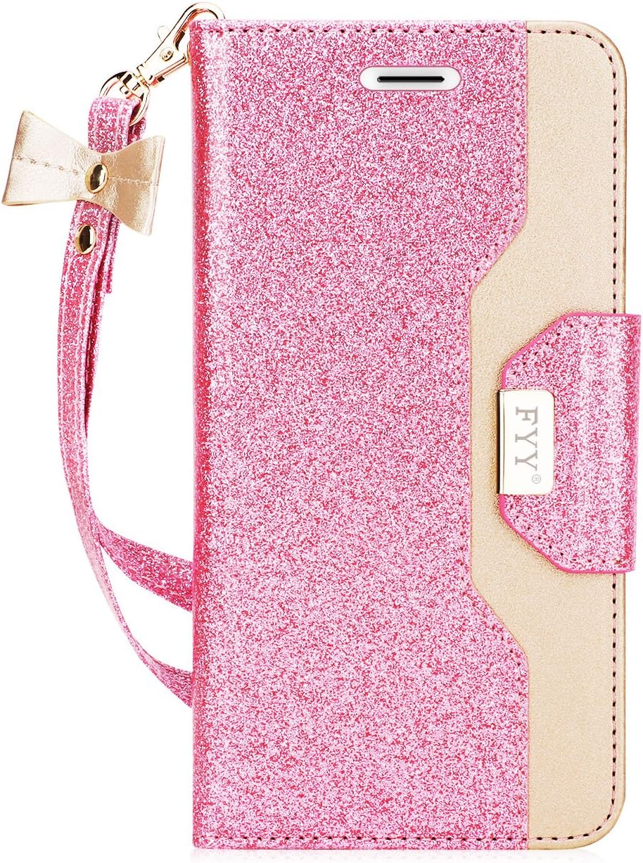 FYY Leather Case with Mirror for iPhone 8/iPhone 7, Leather Wallet Flip Folio Case with Mirror and Wrist Strap for iPhone 8/iPhone 7 LightPink